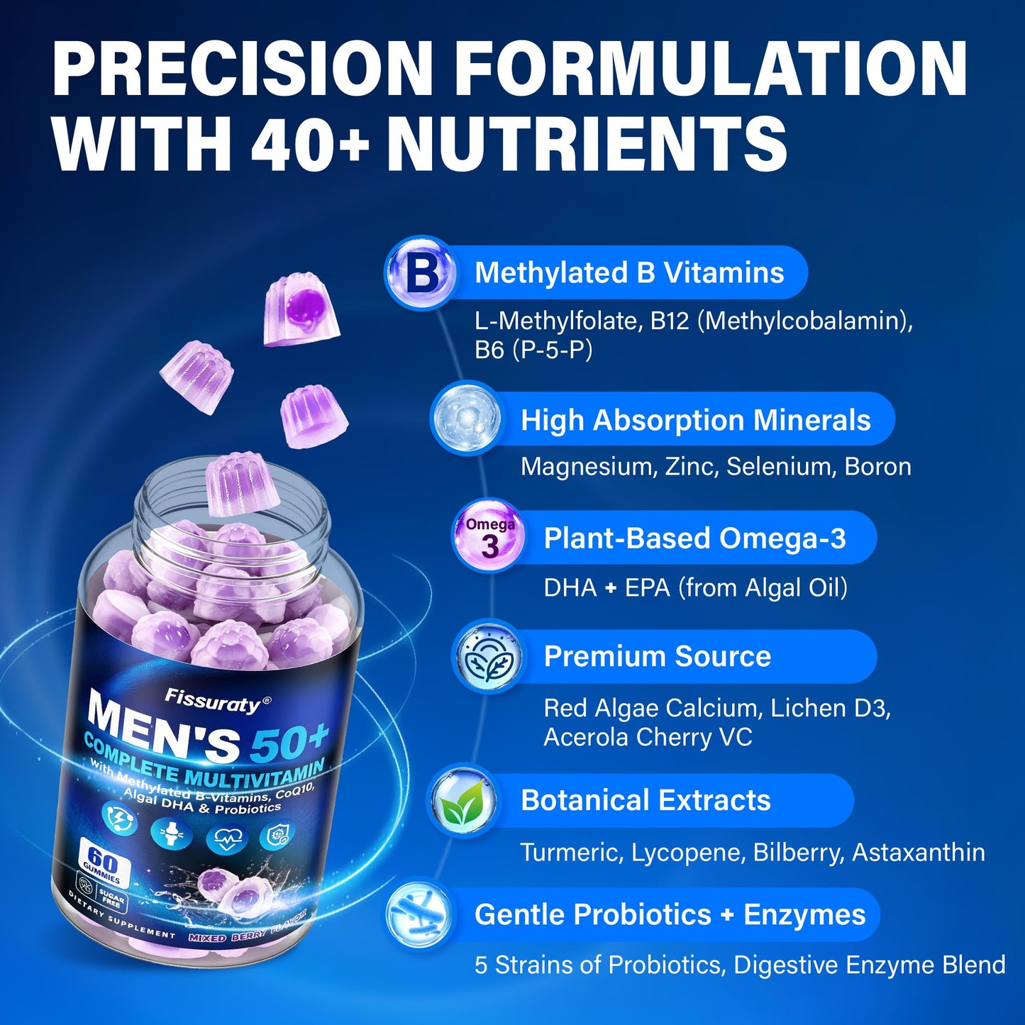 Fissuraty Multivitamin Gummies for Men 50+ Sugar Free Methylated Multivitamin, 120 Gummies