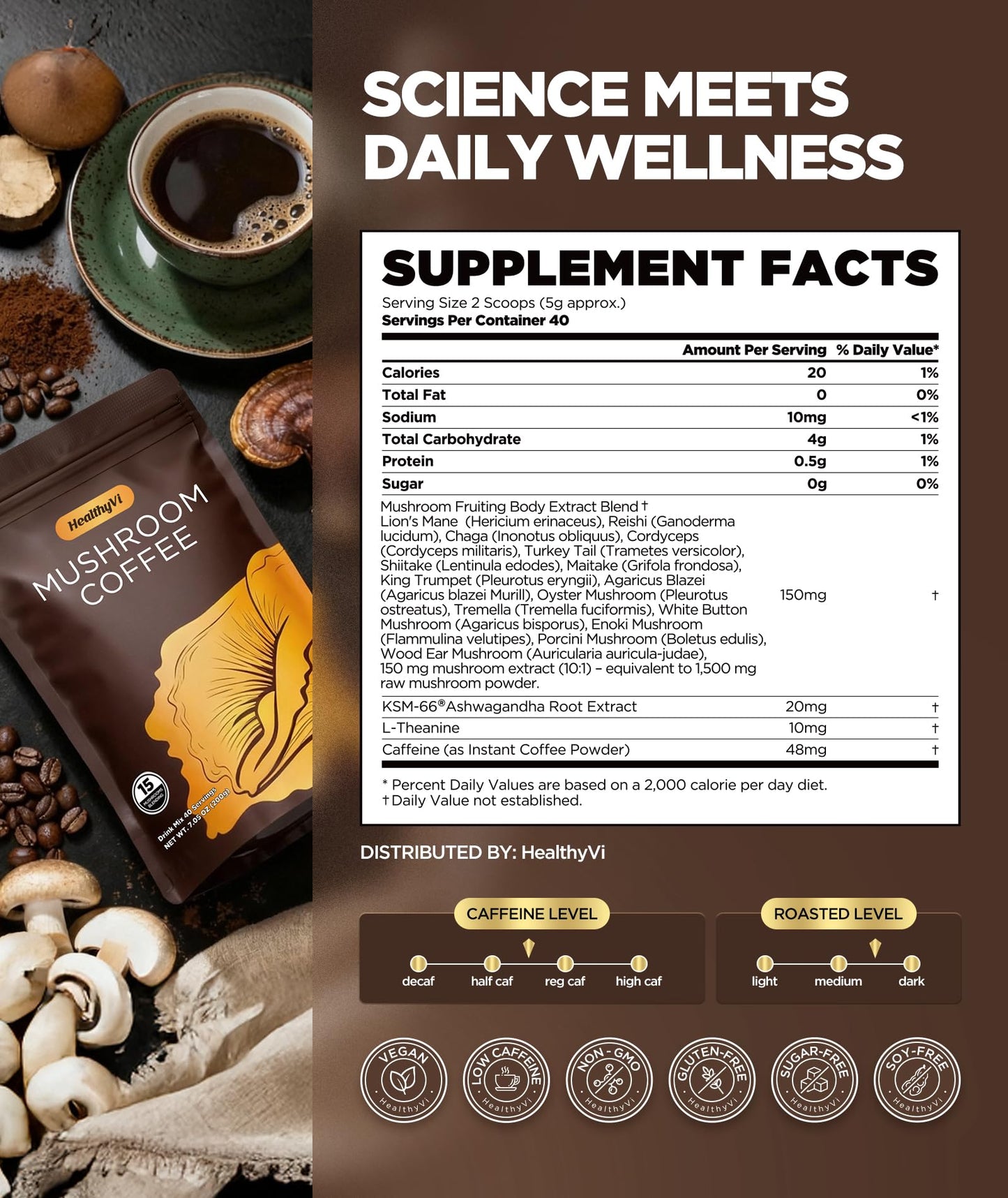 HealthyVi Mushroom Coffee with 15 Natural Mushrooms Powder, 7.05 oz