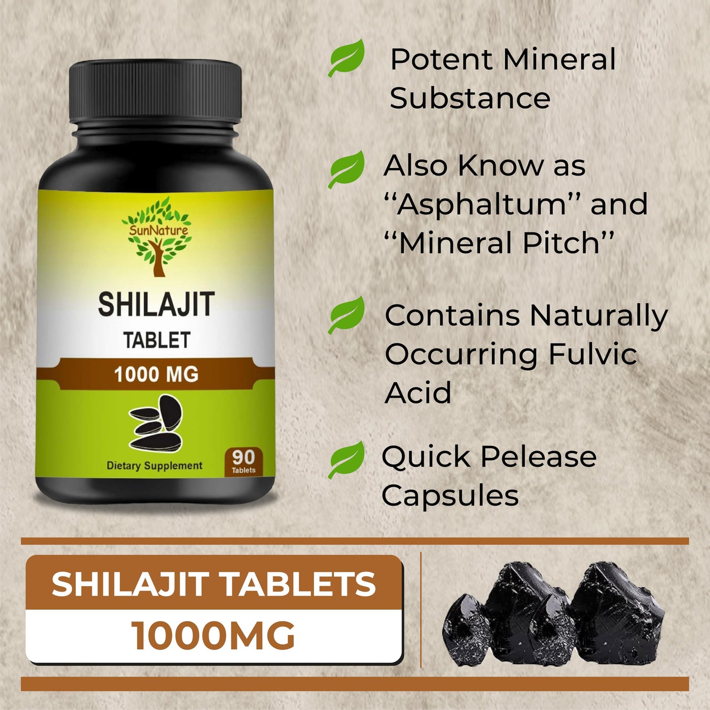 SunNature Shilajit 1000 mg Tablets, 90 Tablets