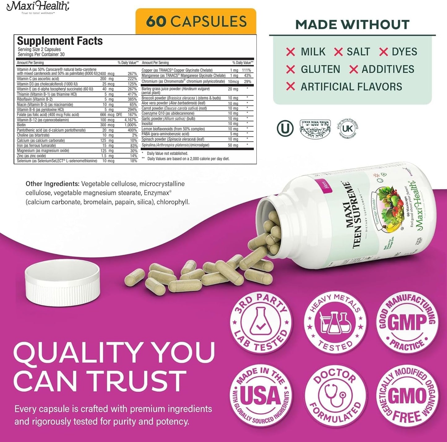 Maxi Health Teen Vitamins for Girls 12-17 Teen Multivitamin Supreme with D3, Iron, Calcium, Biotin, Digestive Enzymes, 60 Count Capsule