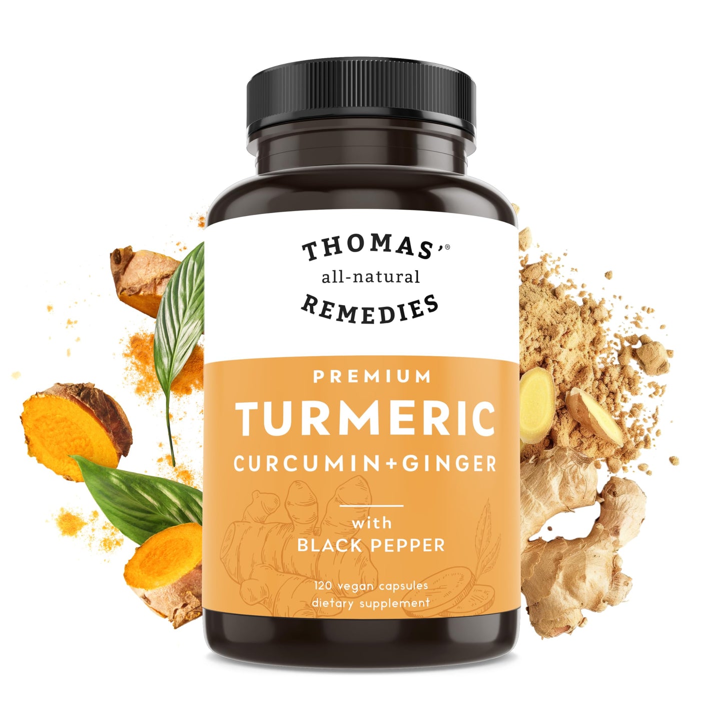 Thomas' all-natural Remedies Turmeric Curcumin and Ginger Joint Support Supplement Capsule 120 Count