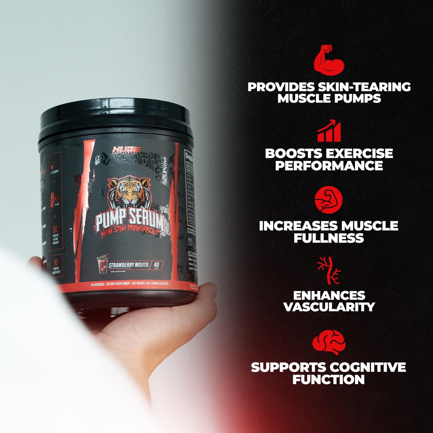 Huge Supplements Pump Serum Non Stim Pre-Workout Powder Strawberry Mojito, 40 Servings