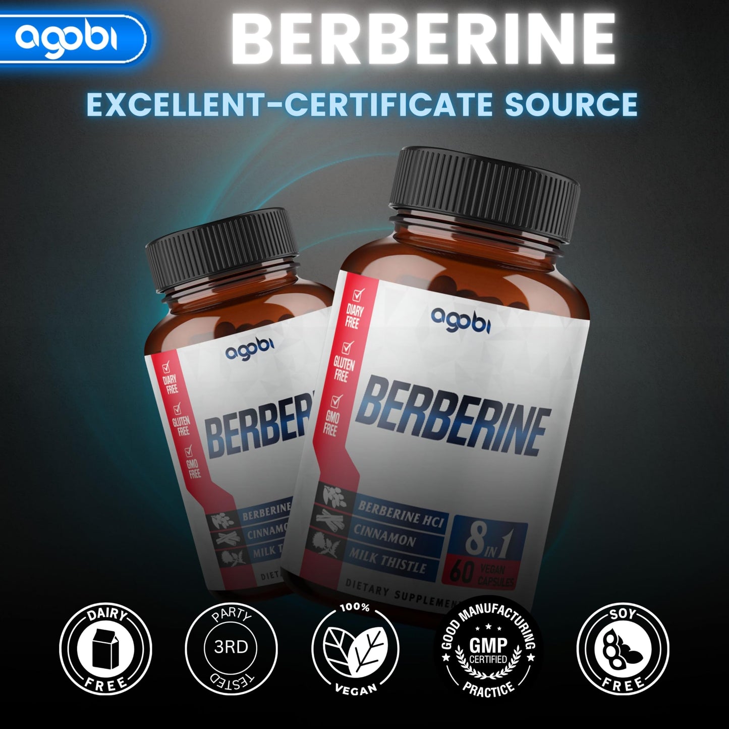 agobi Berberine Supplement with Ceylon, Milk Thistle, Turmeric, Elderberry & More, 60 Capsules