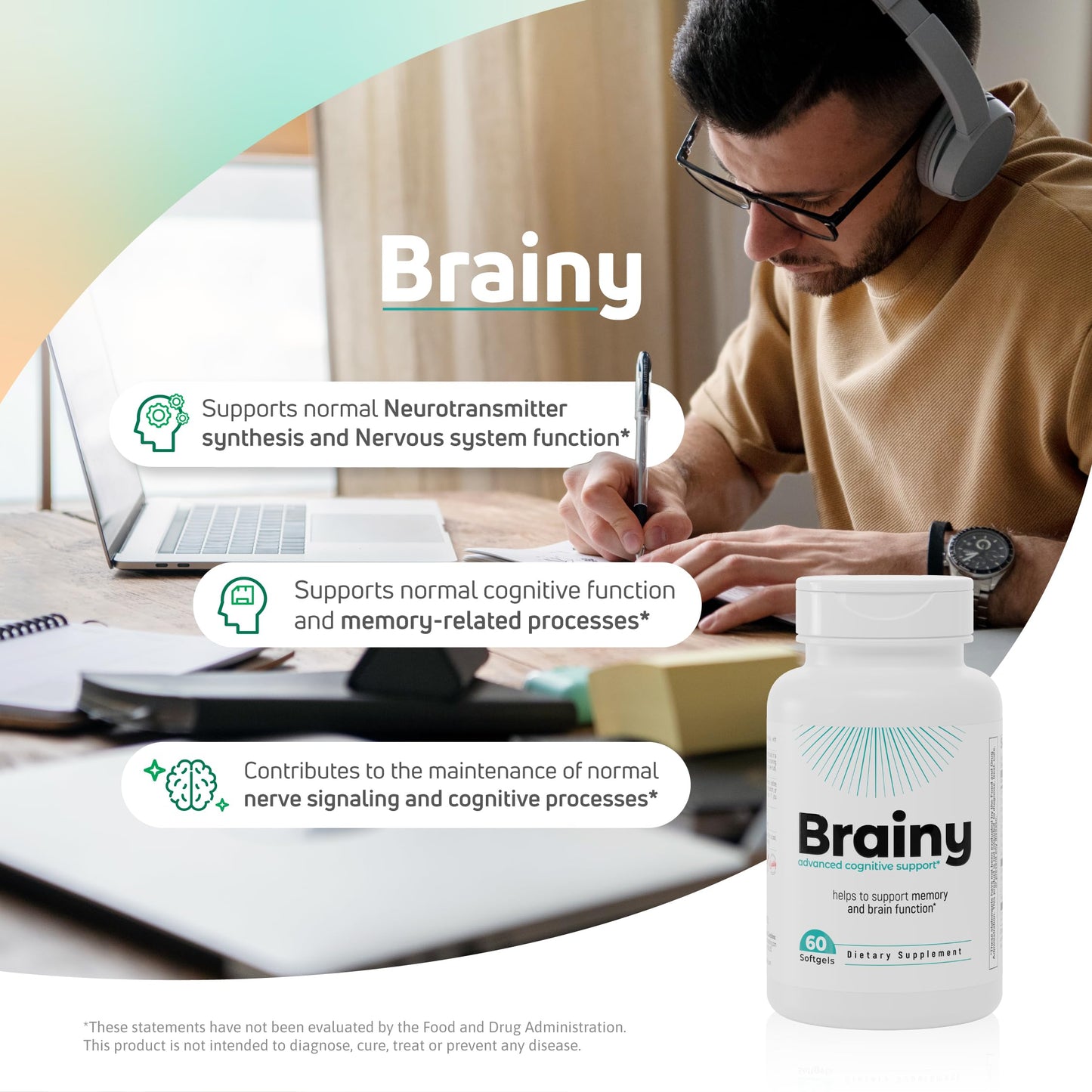 Nutra Nutrition Brainy Cognitive Support Supplement Bacopa Extract (Bacosides) & L-Theanine Softgels 60
