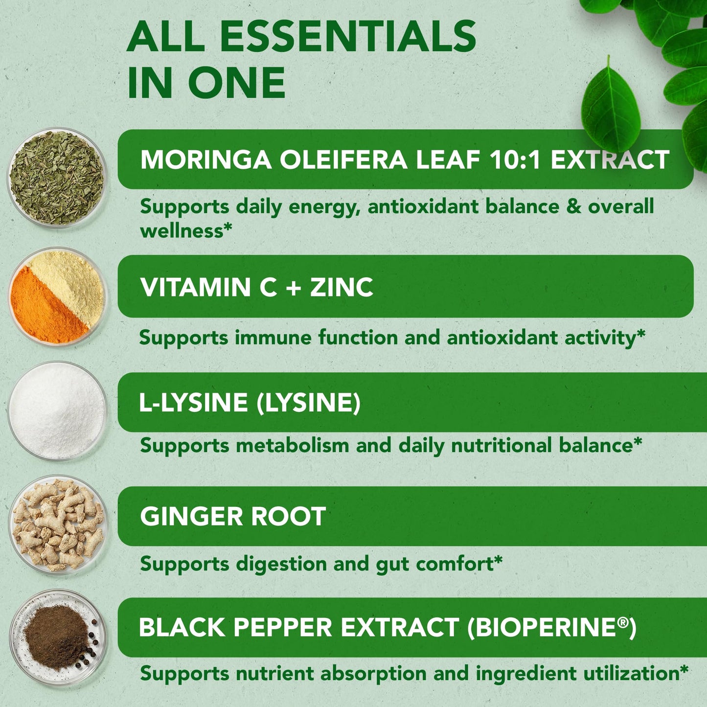 NutriFact Moringa Capsules with Leaf Extract, L-Lysine, Vitamin C & Zinc, 60 Capsules