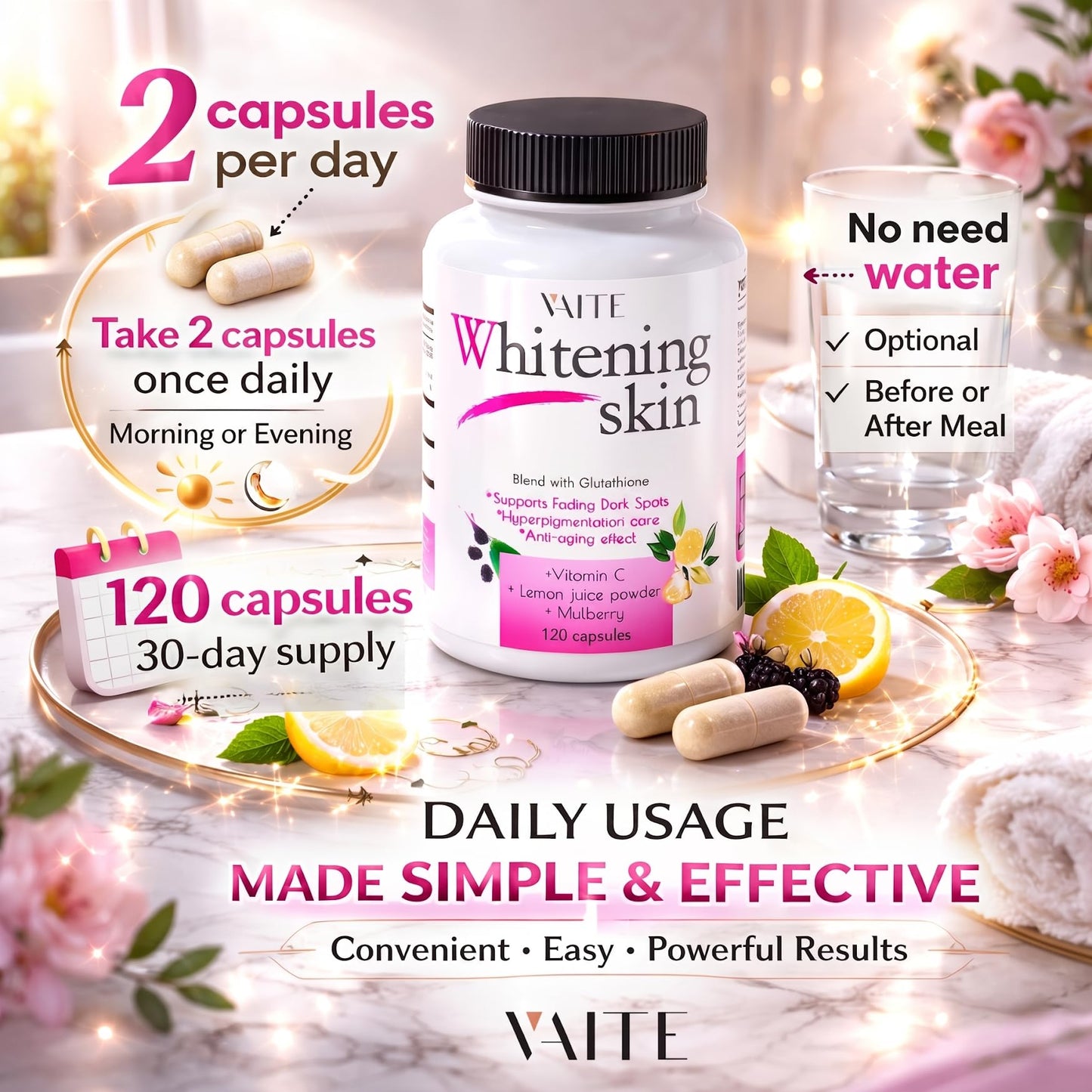 VAITE Glutathione Whitening Pills Capsules, 120 Count