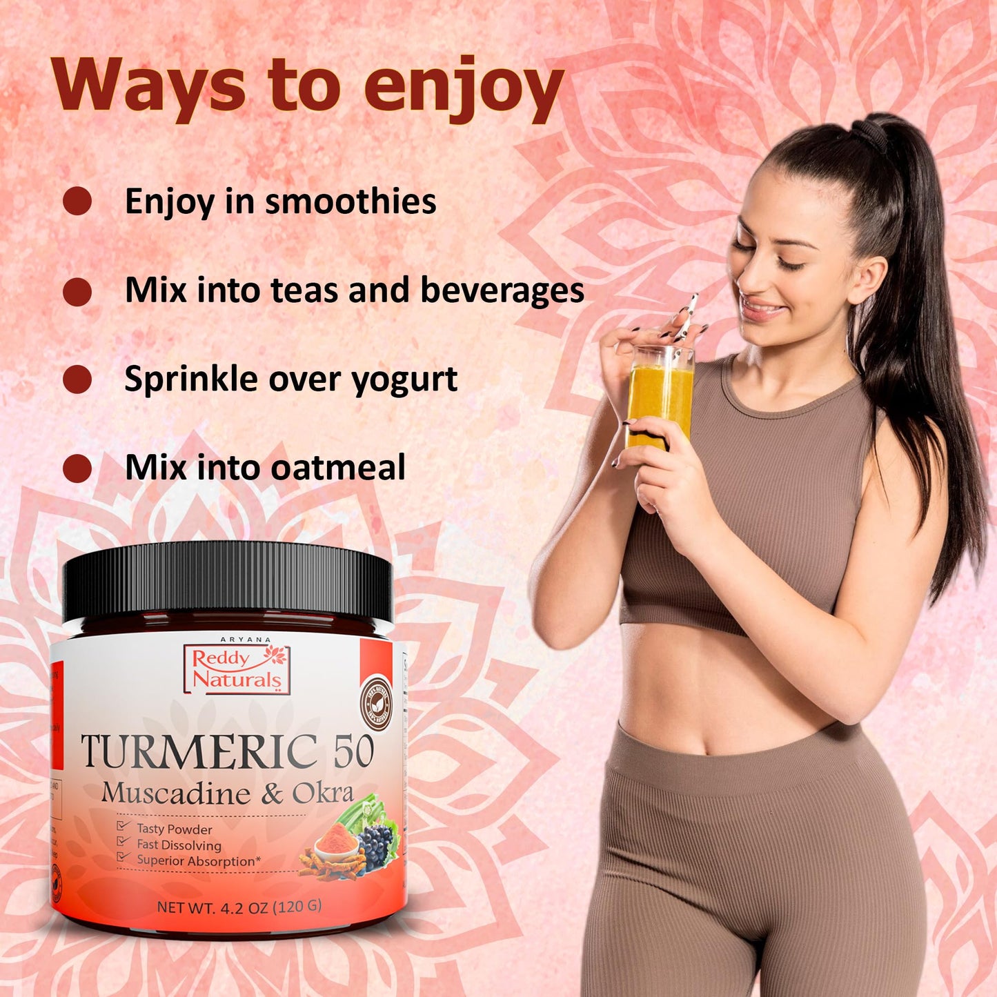 Reddy Naturals Aryana Turmeric 50 Organic Turmeric Supplement Powder 4.2 oz with Muscadine Grape & Okra – Fast-Dissolving, Plant-Based Formula for Daily Wellness – 30 Servings