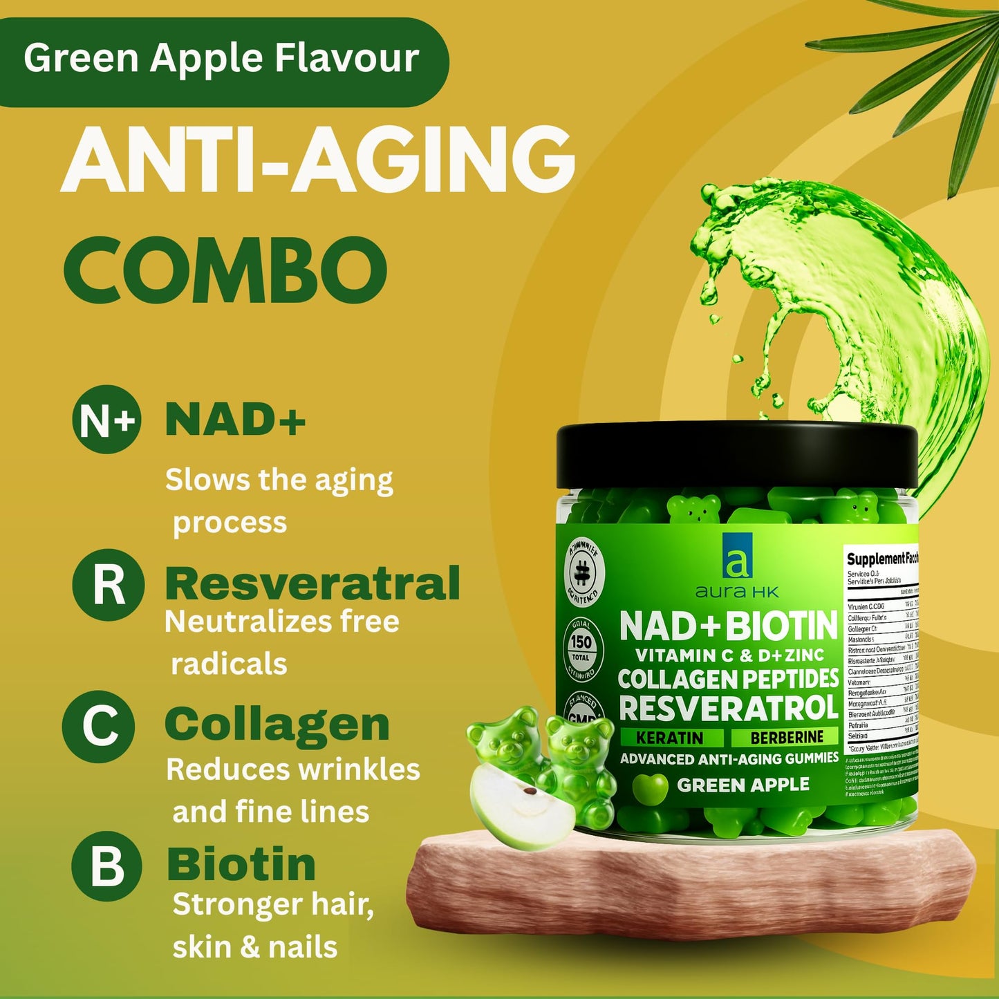 Aura HK NAD+ Biotin, Resveratrol, Berberine & Anti-Aging Gummies Apple Flavor, 120 Gummies