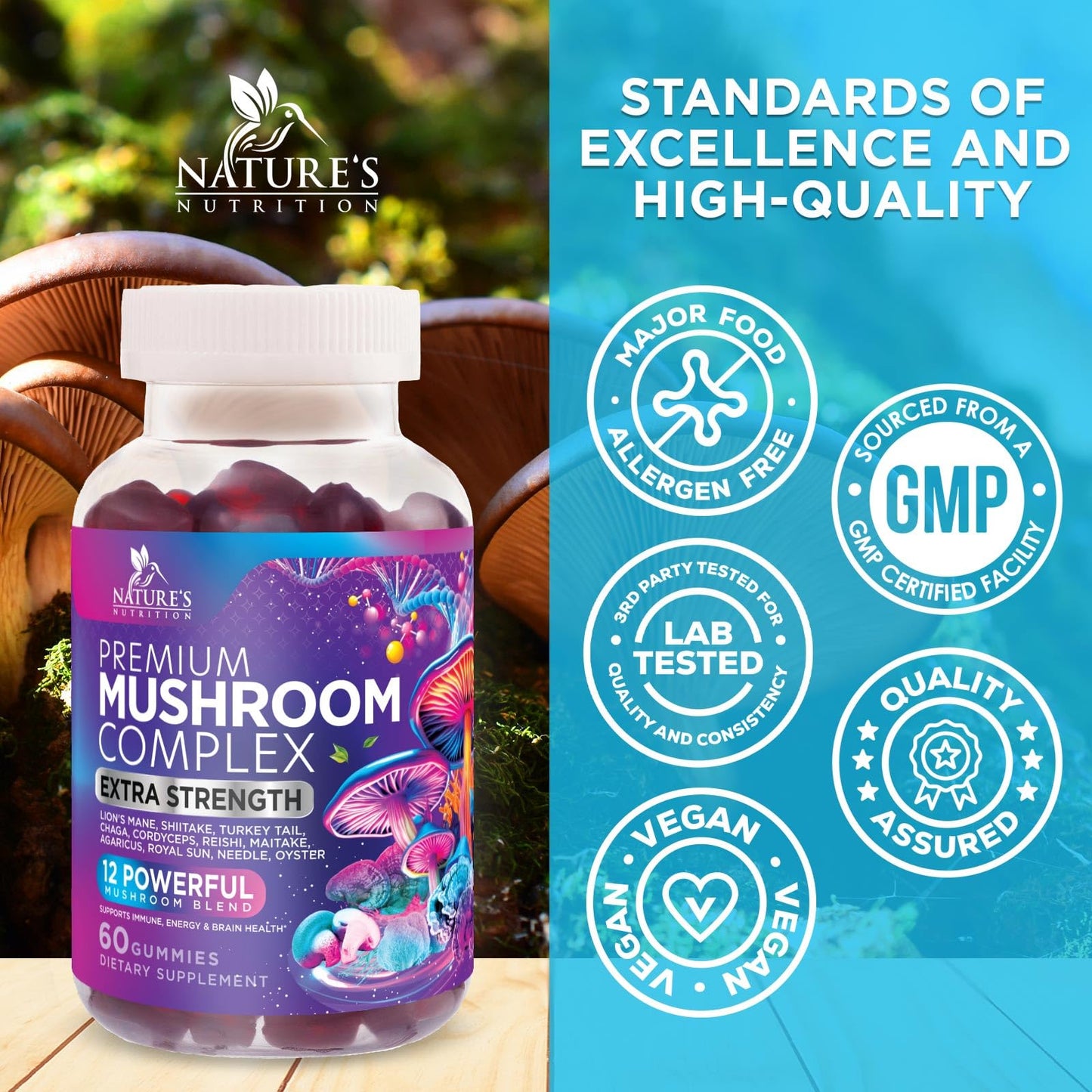 Nature's Nutrition Mushroom Gummies 12 in 1 Complex - Lions Mane, Reishi, Cordyceps & Chaga, Memory & Immune Support, Nootropic Brain Supplements, 60 Count