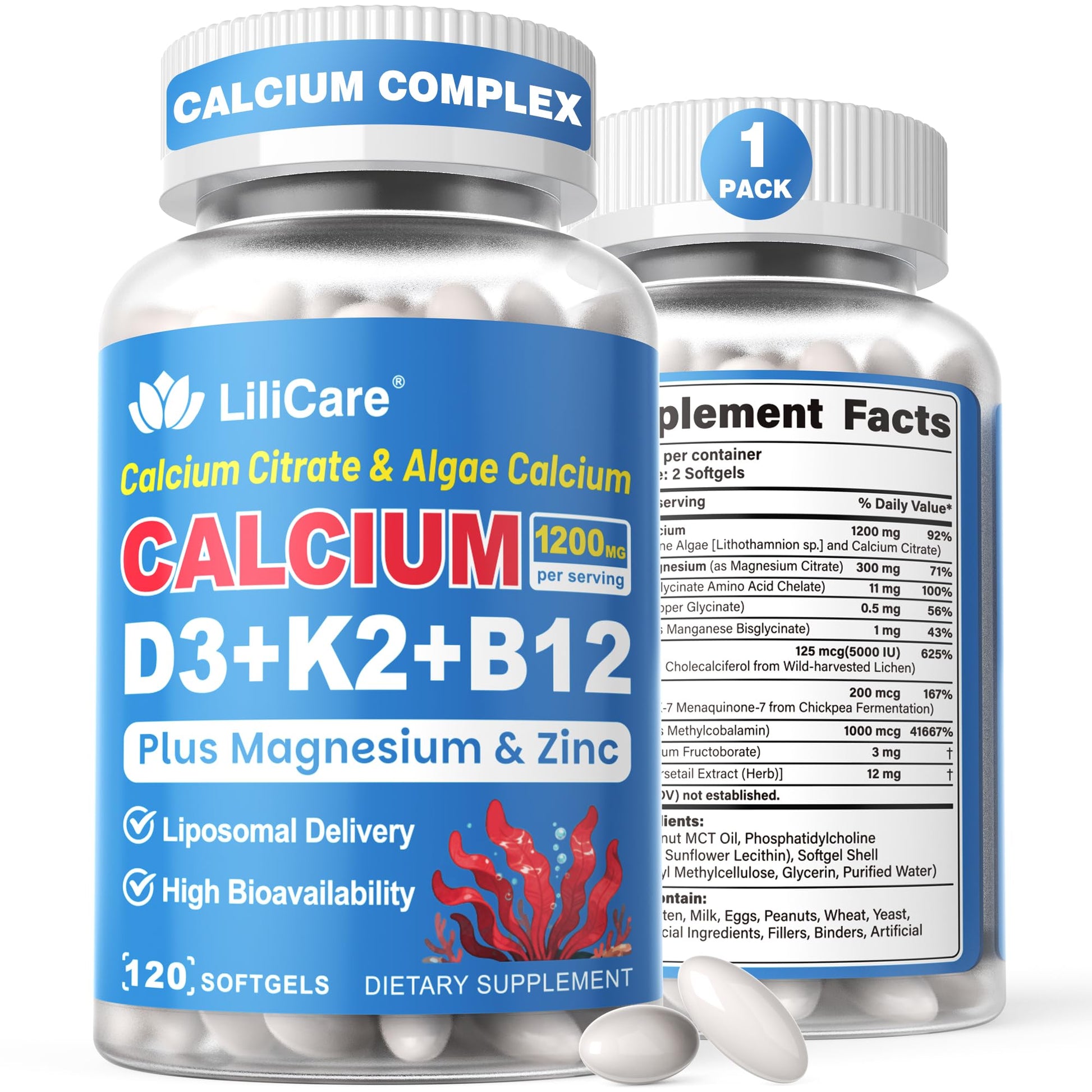 LILICARE Calcium 1200 mg with Vitamin D3 K2 Softgels, 120 Count