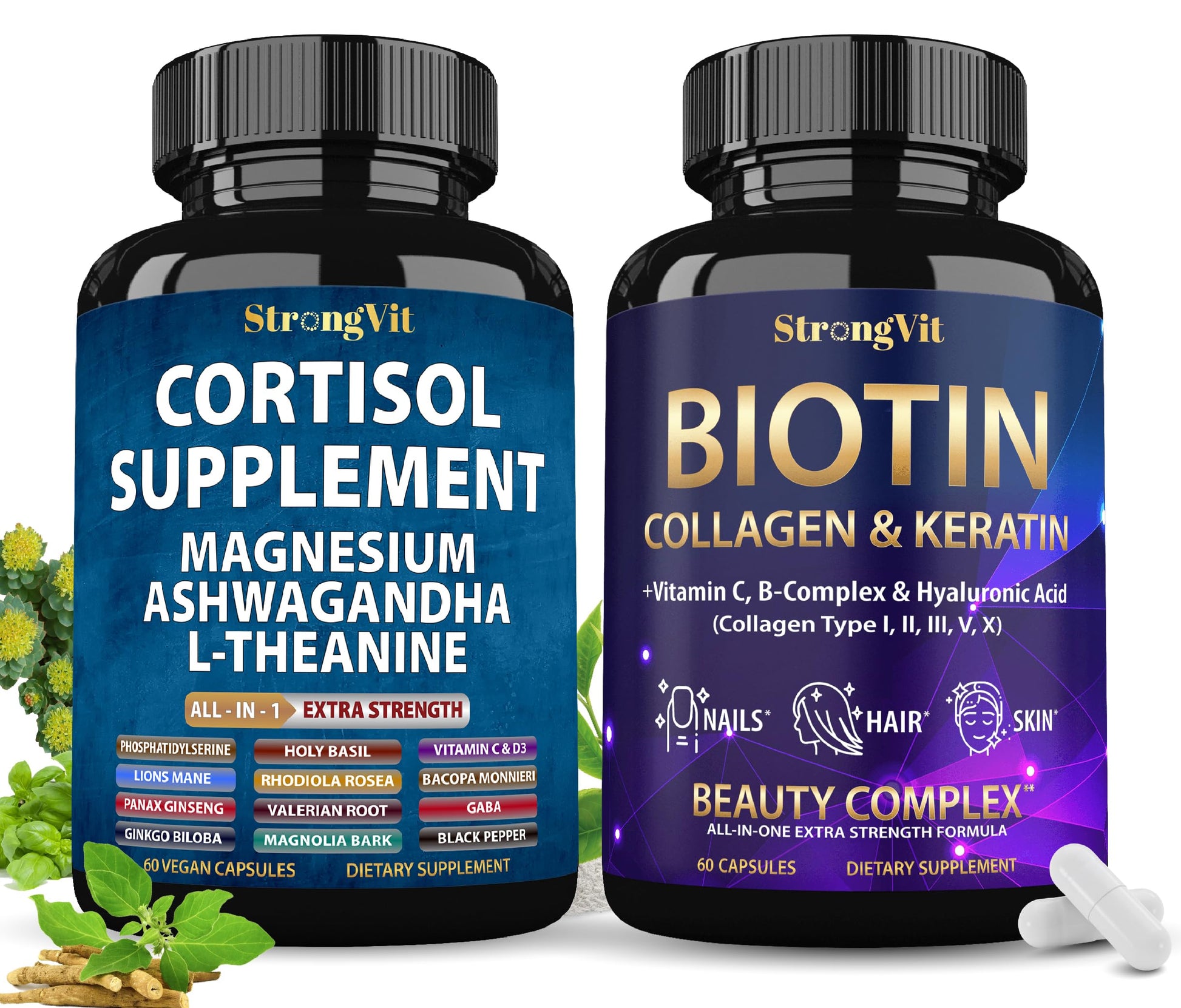 StrongVit Cortisol Supplement & Biotin Complex Bundle 120 Capsules