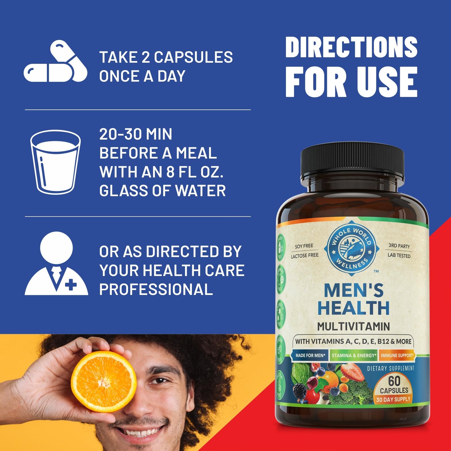 Whole World Wellness Mens Daily Multivitamin Multimineral Supplement for Energy, Focus, Stamina & Performance, Capsule, 60 Count