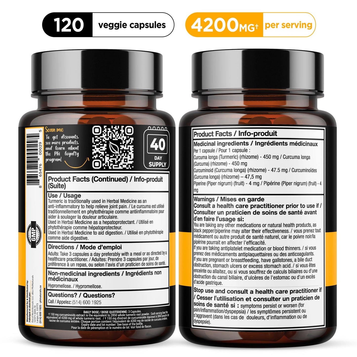 PhiNaturals Turmeric and Black Pepper Extract 1500 mg per Serving Capsule, 120 Count
