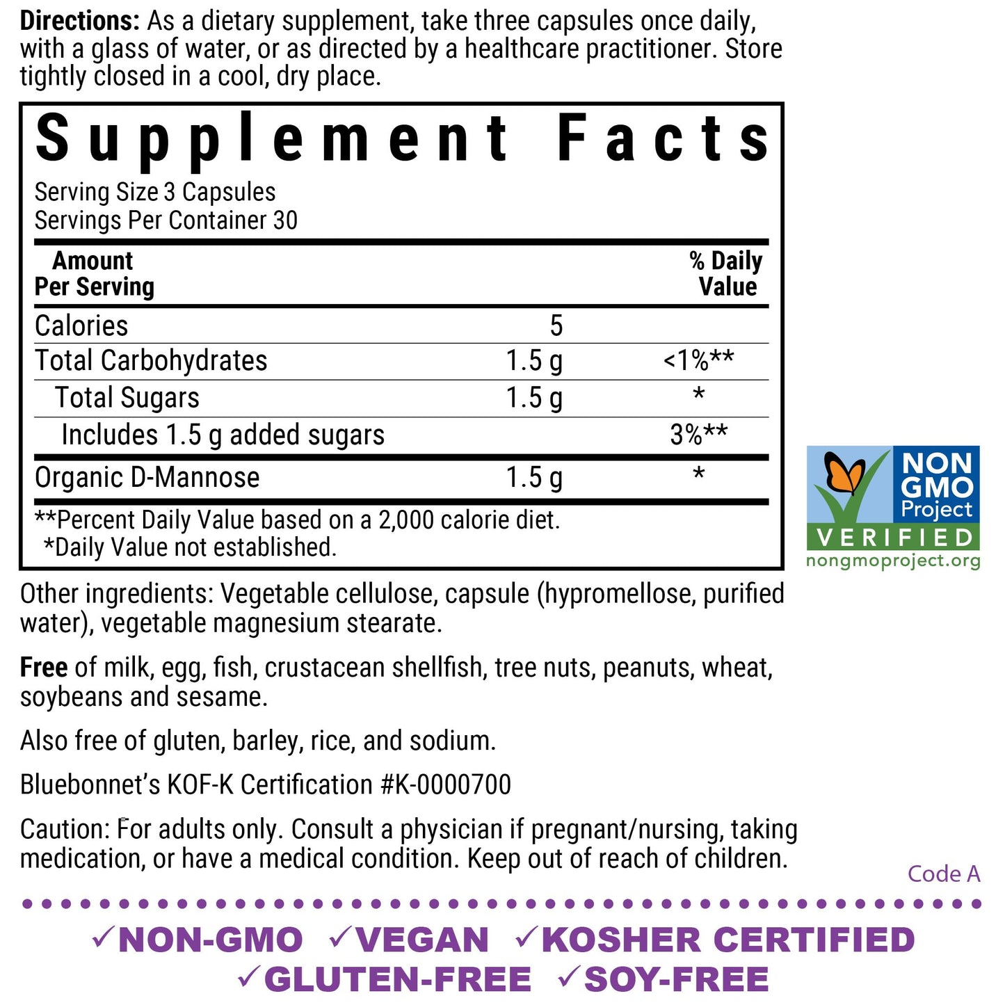 BlueBonnet D-Mannose 500 mg Capsules, 90 Count