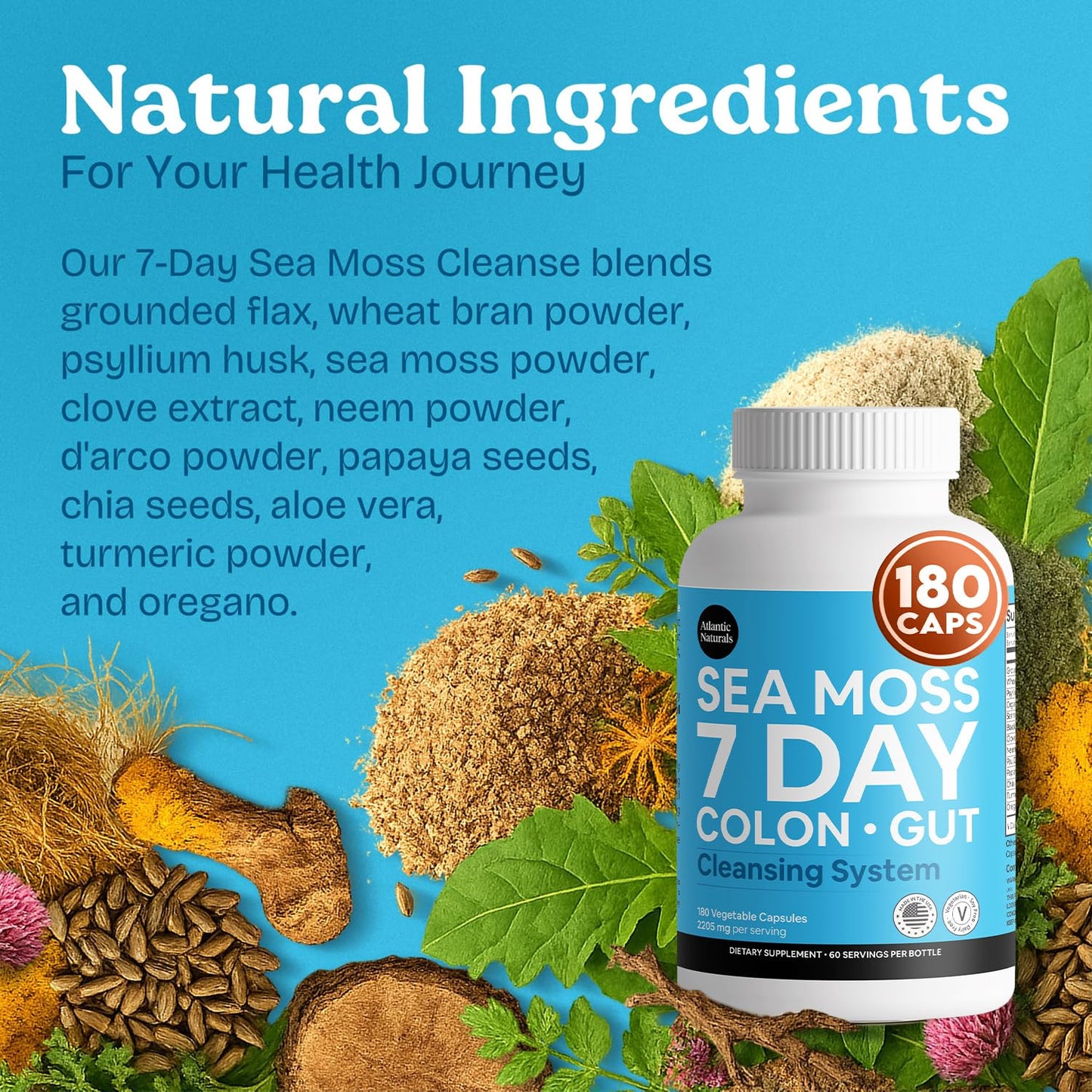 Atlantic Naturals Sea Moss 7 Day Colon & Gut Capsules, 180 Capsules