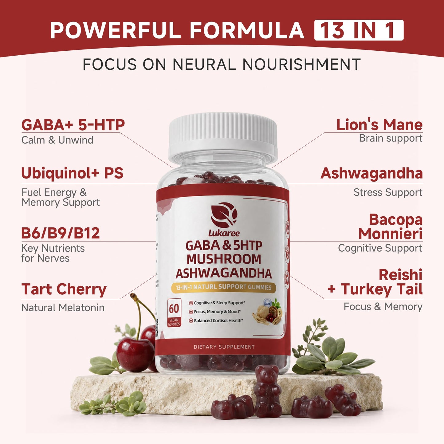 Lukaree GABA & Mushroom Supplement Gummy 60 Count
