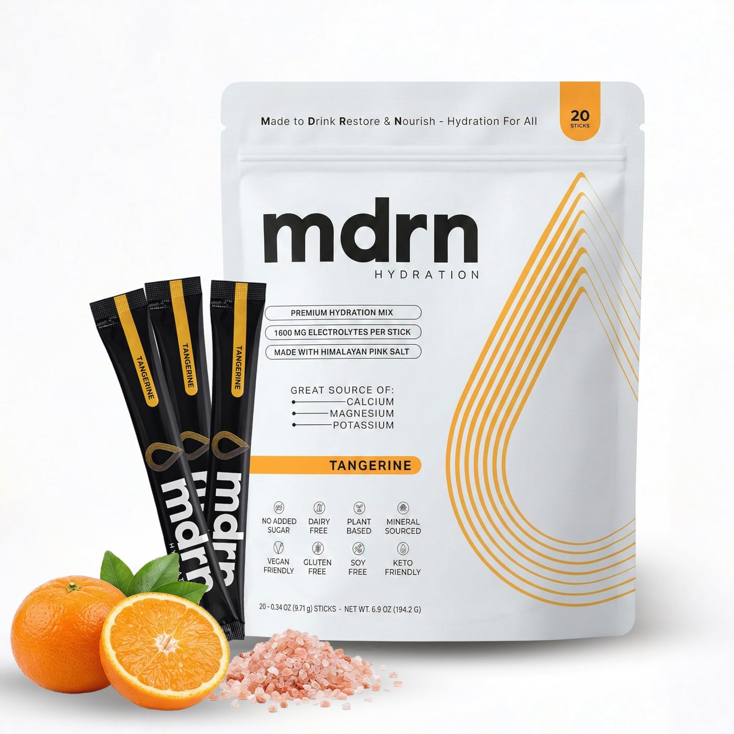 MDRN Hydration Zero Sugar Electrolytes with Pink Himalayan Salt Powder, Tangerine, 7-Count