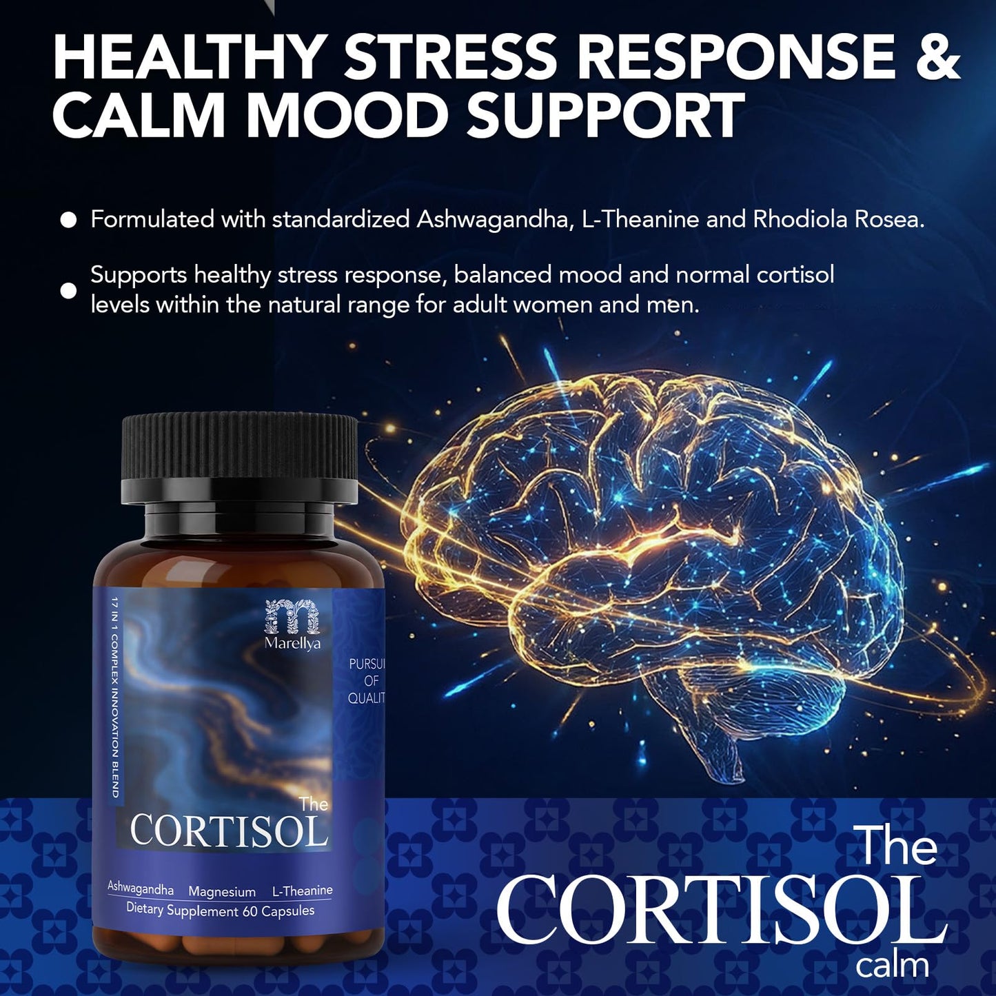 Marellya Cortisol Supplement for Women & Men – 17-in-1 Cortisol Manager with Ashwagandha, L-Theanine & Magnesium, 60 Vegetarian Capsules