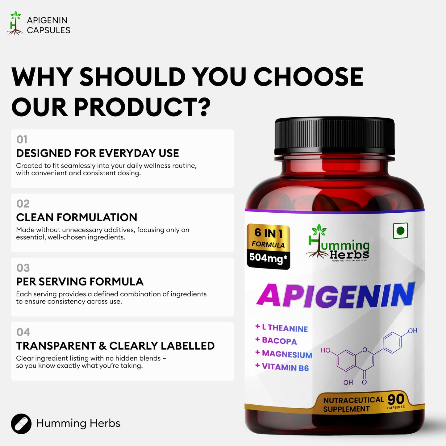 Humming Herbs Apigenin 504mg 6-in-1 Brain & Wellness Supplement with L-Theanine, Bacopa, Magnesium, Vitamin B6, Piper Nigrum, 90 Vegan Capsules