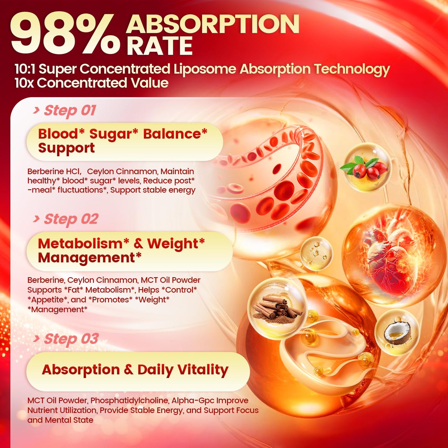 VivoNu Berberine with Ceylon Cinnamon, Berberine HCl 1200mg, Cinnamon 250mg, 10:1 Concentrated Liposomal Extract, Immune & Digestive Health Support, 90 Capsules