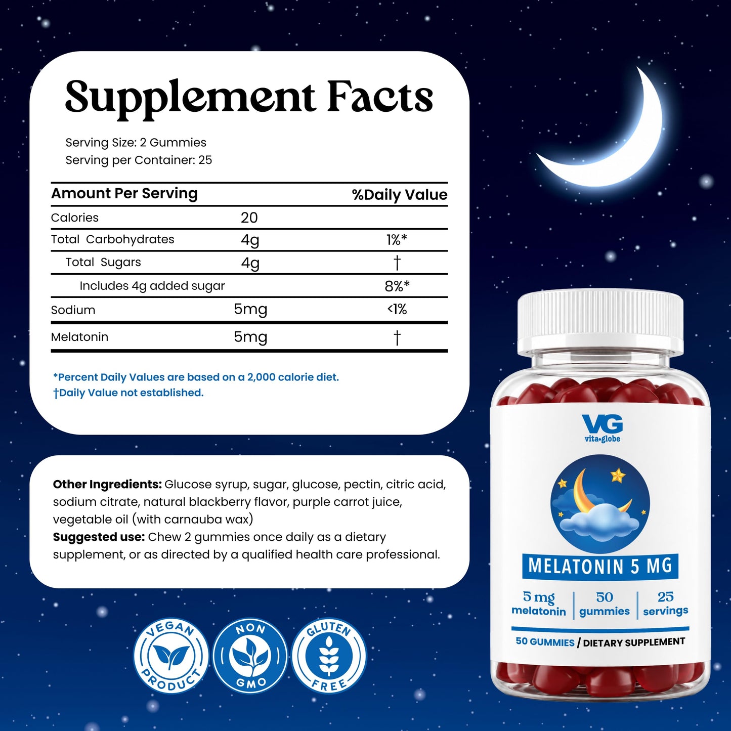 VITA GLOBE Melatonin Gummies 5mg Sleep Aid for Adults, Non-GMO Vegan, 100 Gummies