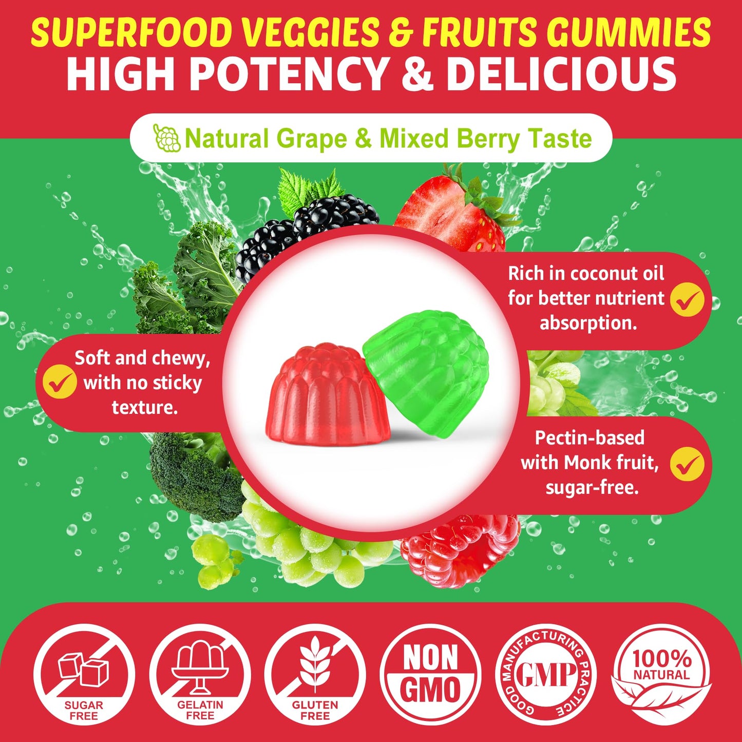EnvyCure Super Greens Gummies with 50+ Veggies & Fruits, Methylfolate & Methyl B12, 120 Gummies