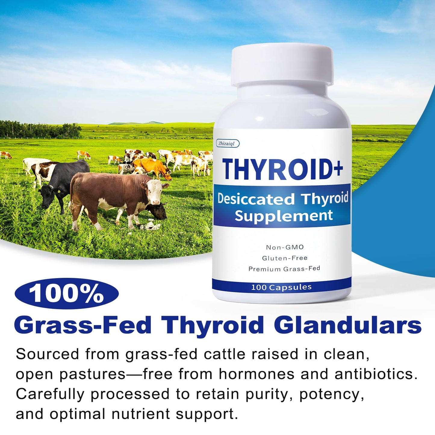 Jkrova Grass-Fed Desiccated Thyroid Supplement Capsules, 100 Count