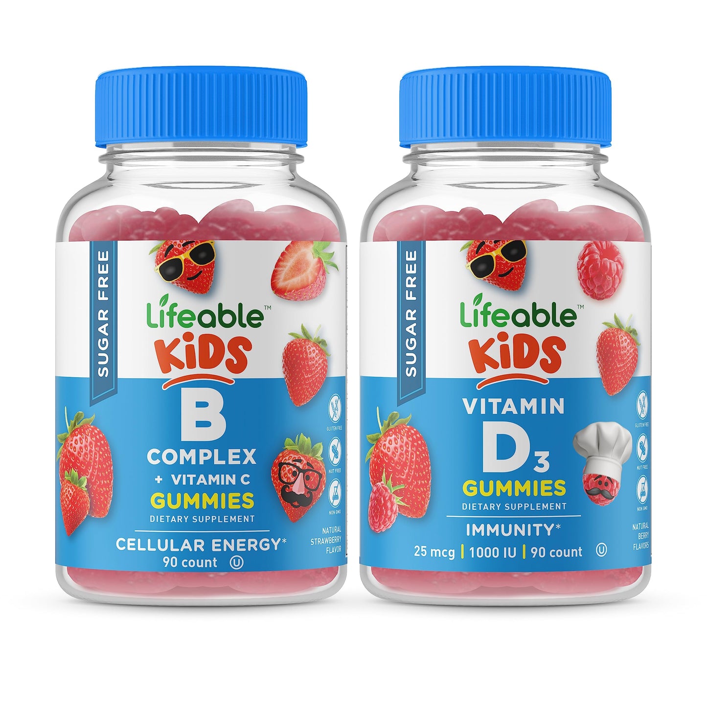 Lifeable Sugar Free B Complex Kids + Vitamin D Kids Gummies Bundle, Chewable, 180