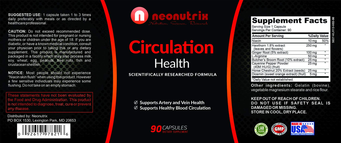 Neonutrix Nutrition, Science, Research Blood Circulation Health Supplement for Vein Health & Artery Health with L-Arginine, Ginger Root, Hawthorn & Diosmin Capsules 90 Count