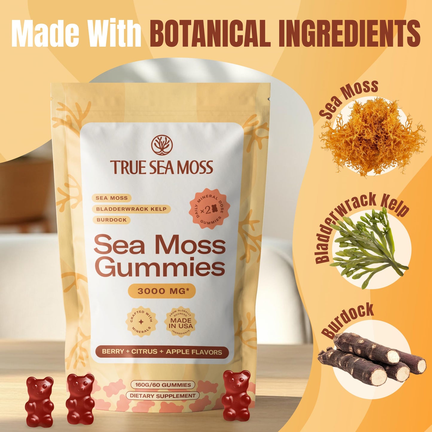 TrueSeaMoss Gummies – 3-in-1 Formula – Irish Sea Moss with Bladderwrack & Burdock Root – Fruity Flavor Gummy 60 Count