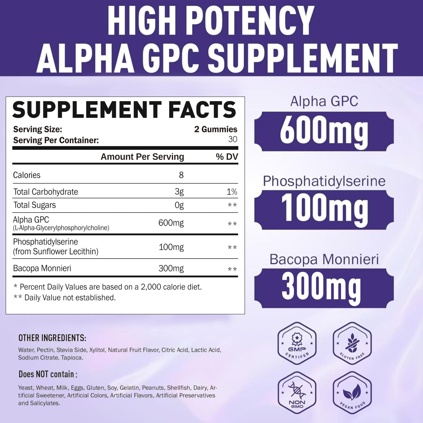SUGAWITA Alpha GPC Choline Gummies 600mg with Phosphatidylserine & Bacopa – 3-in-1 Brain Support for Memory, Focus & Long-Term Cognitive Health, 60 Count
