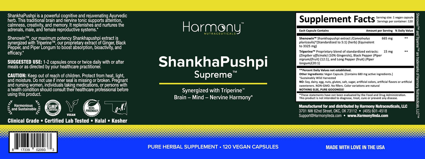 Harmony Nutraceuticals ShankhPushpi Supreme Ayurvedic Herbal Supplement Capsules 120 Count