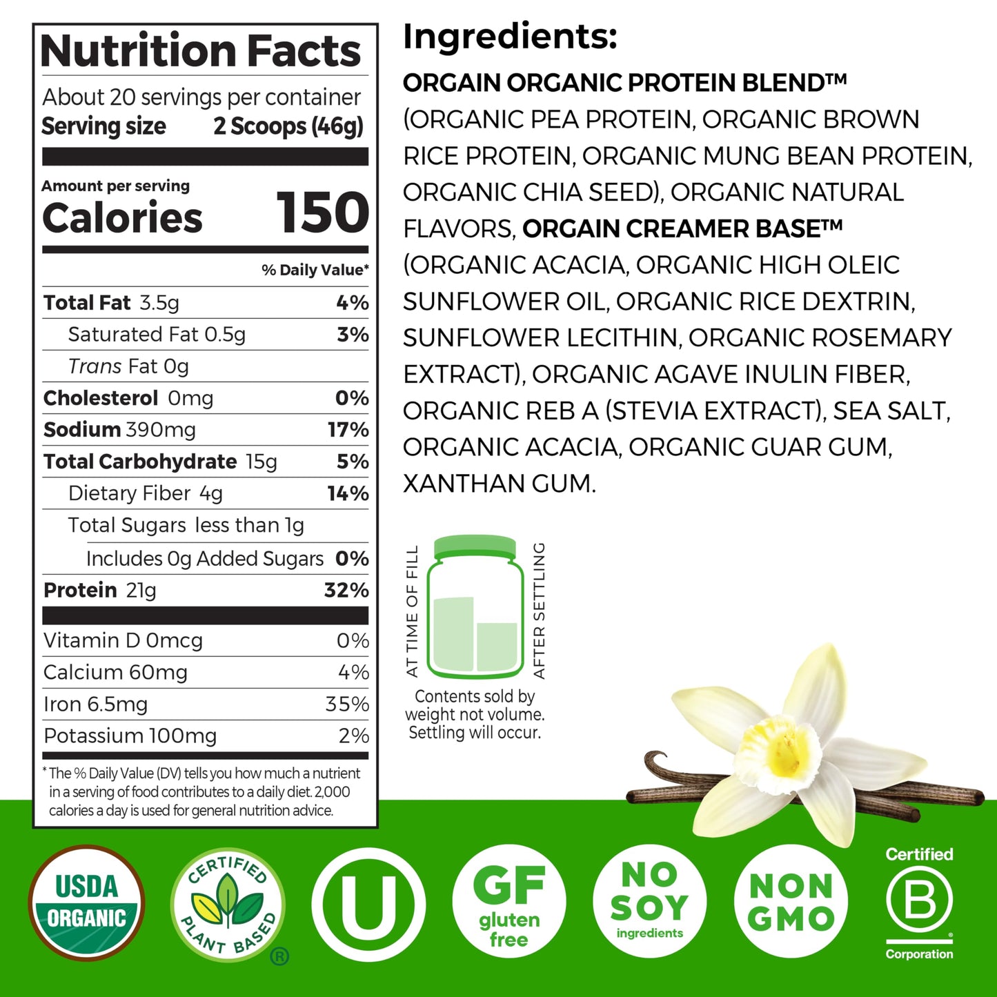 Orgain Organic Vegan 21g Protein Powder Vanilla Bean, 32.48 oz
