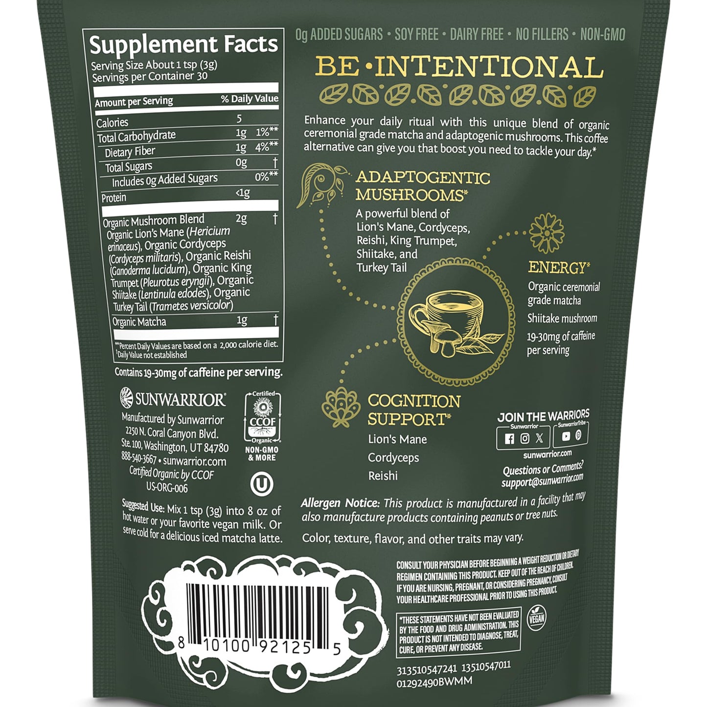 Sunwarrior Organic Matcha Mushroom Powder Supplement, 3.1747 oz