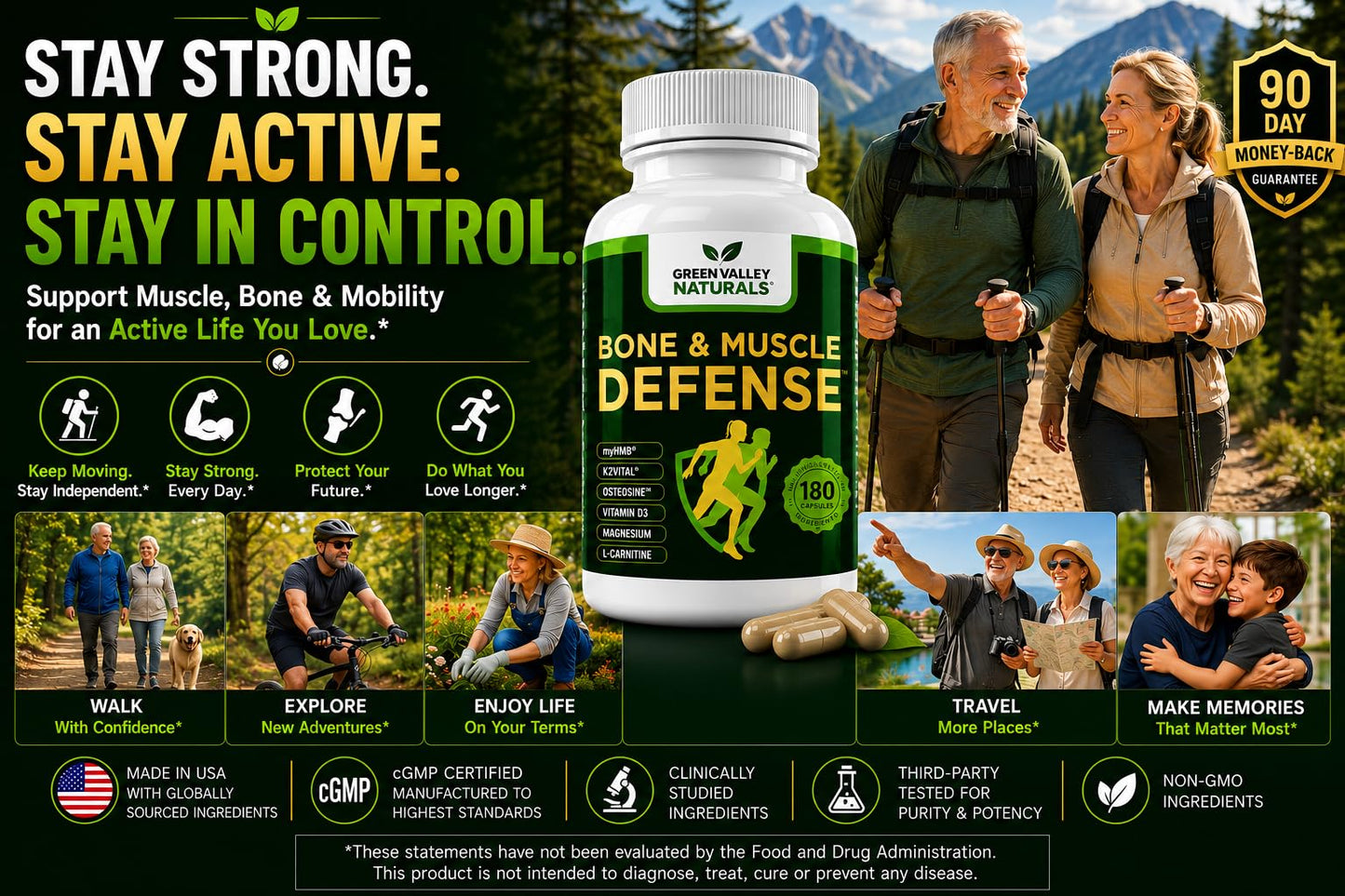 Green Valley Naturals Bone & Muscle Defense Supplement with 1,500 mg myHMB® (HMB) Calcium Blend, K2VITAL® Delta & OsteoSine™ | Bone Density, Muscle Strength & Mobility | Men & Women 50+ | 180 Capsules