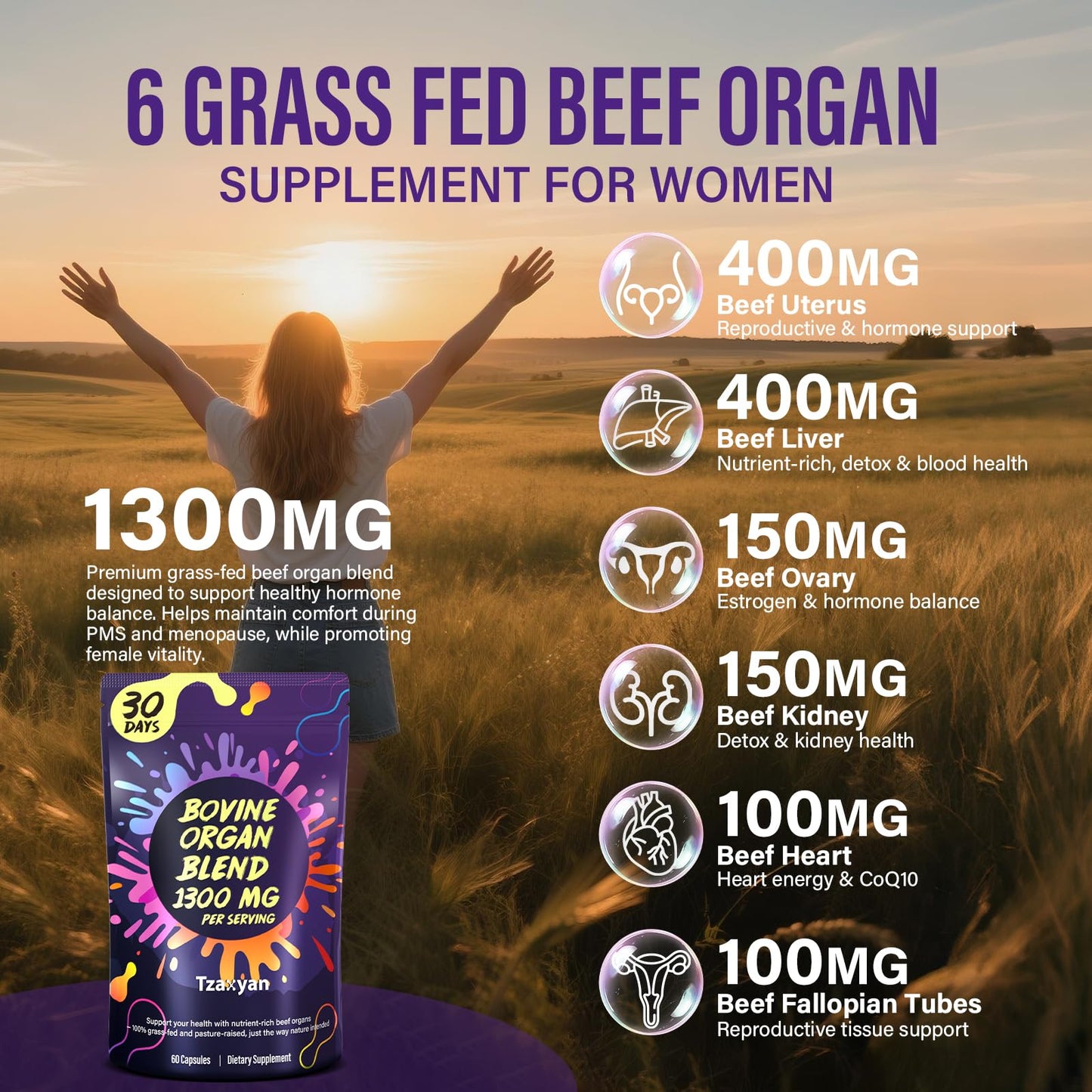 tzaxyan 1300MG Beef Organ Capsule for Women, 100% Grass-Fed Beef Liver, Uterus, Ovary & 3 More, Supports Endocrine Balance, Energy, Immunity, 60 Count