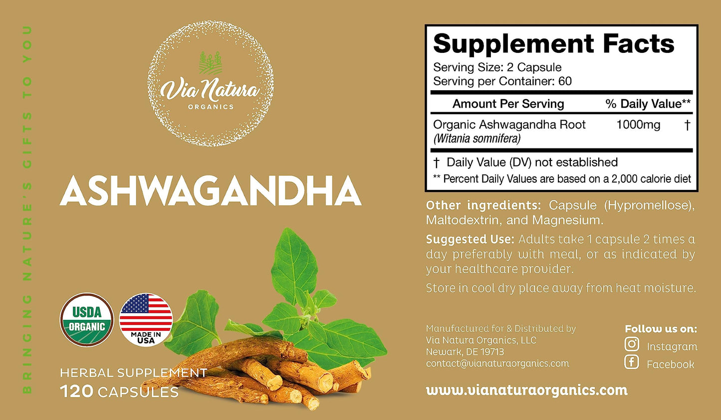 Via Natura Organics Ashwagandha Capsules 1000mg, 120 Capsules