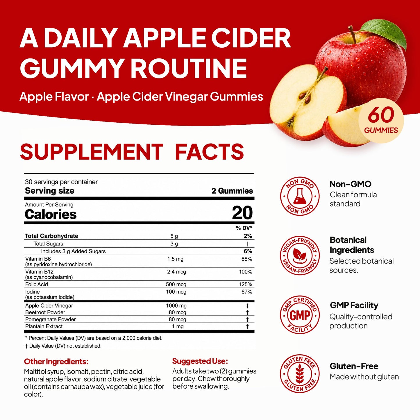 Nature's Key Apple Cider Vinegar Gummies 1000mg ACV with B12, Folic Acid, Vitamin B6, Beetroot & Pomegranate - Vegan, Non-GMO, Gluten Free, 60 Gummies