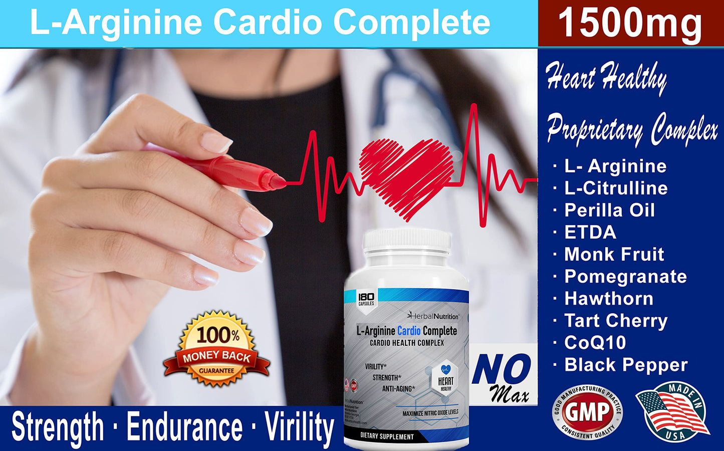 Herbal Nutrition L-Arginine Cardio Complete Nitric Oxide Support Formula, 180 Capsules