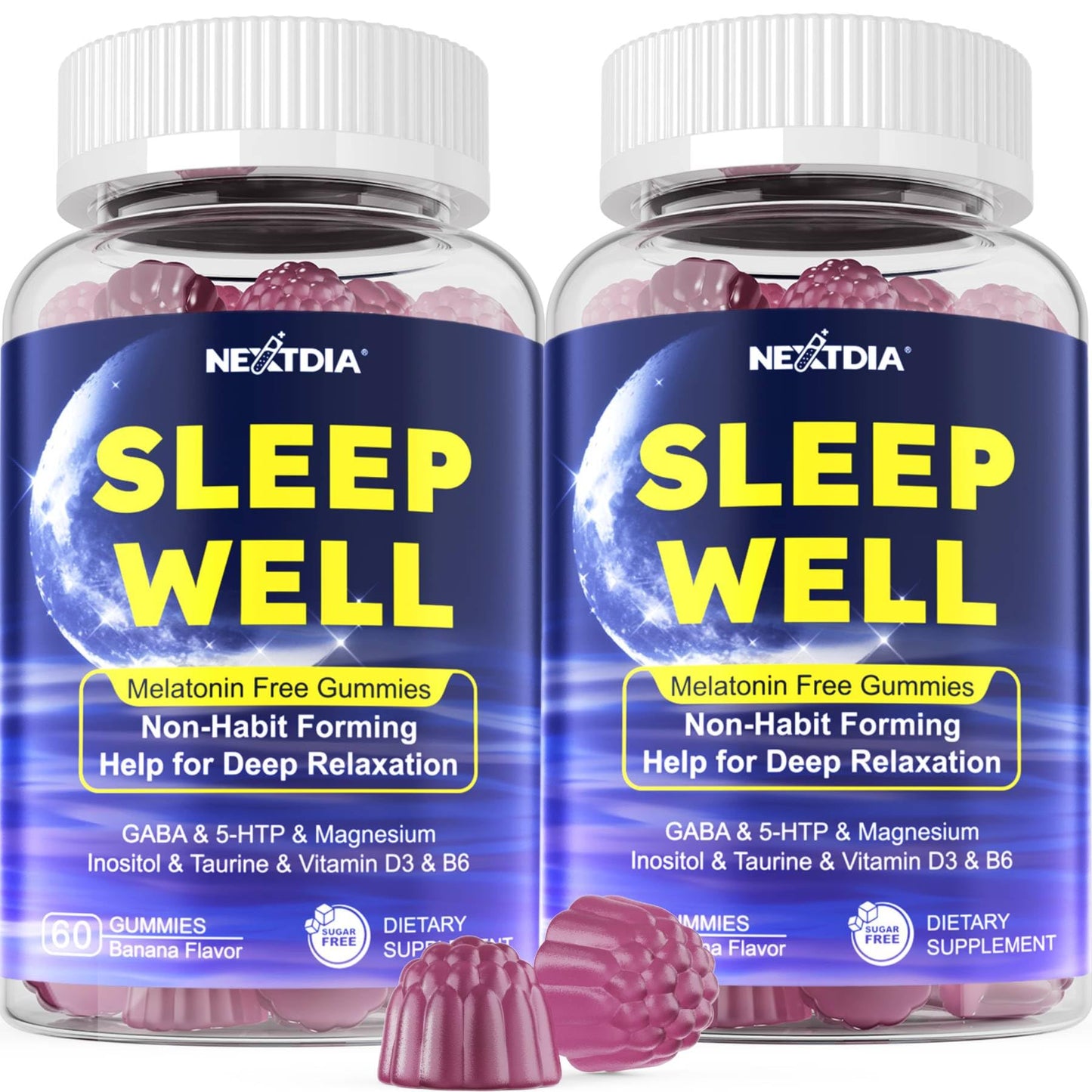 Nextdia Melatonin Free Sleep Gummies with Magnesium Glycinate, GABA, 5-HTP, L-Theanine, Valerian, Chamomile, Lemon Balm, Vitamin D3 & B6 - Hormone & Drug-Free, Non-Habit Forming, 120 Gummies