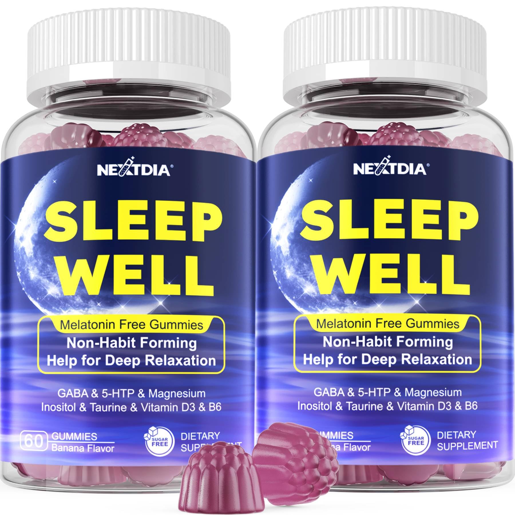 Nextdia Melatonin Free Sleep Gummies with Magnesium Glycinate, GABA, 5-HTP, L-Theanine, Valerian, Chamomile, Lemon Balm, Vitamin D3 & B6 - Hormone & Drug-Free, Non-Habit Forming, 120 Gummies