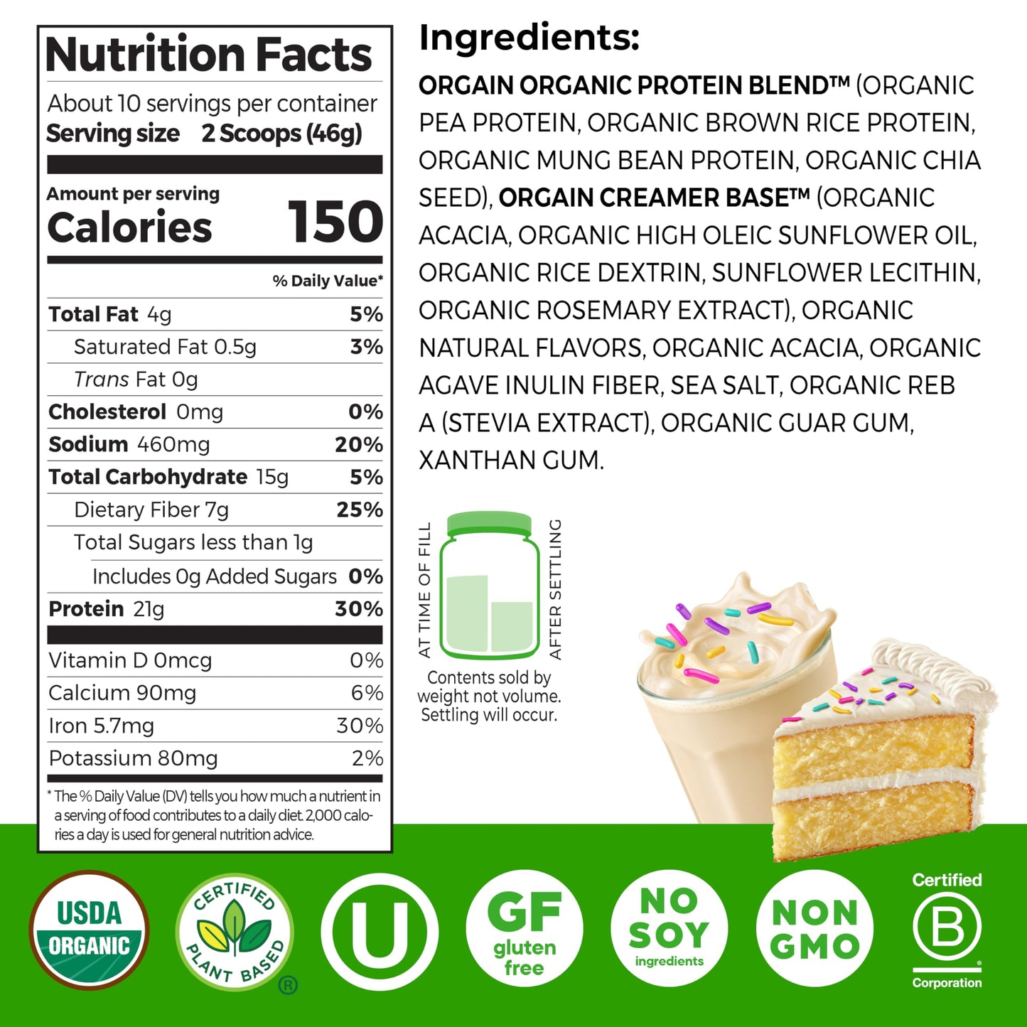 Orgain Organic Vegan 21g Protein Powder Birthday Cake 16.3 oz