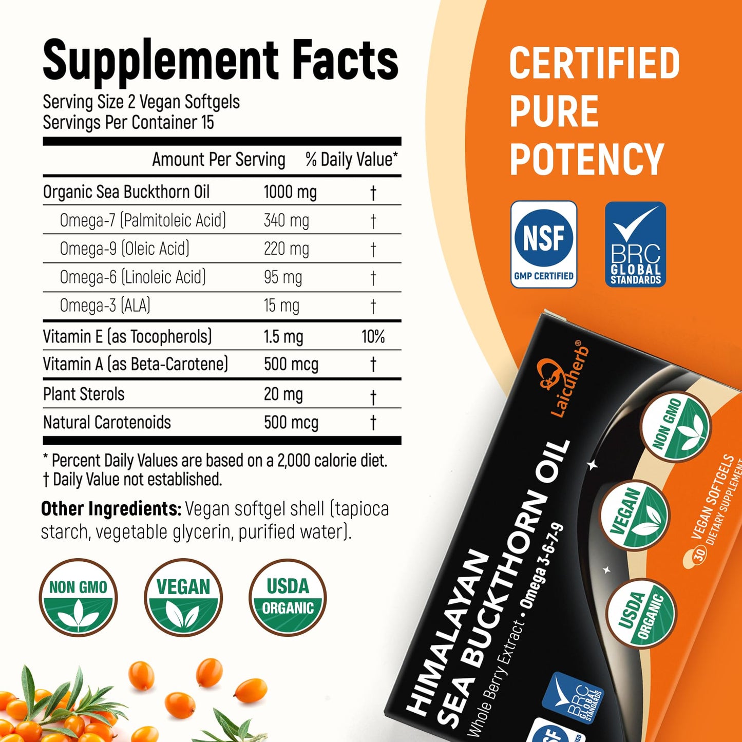 Laicuherb Organic Sea Buckthorn Oil Capsules for Brain Heart Skin & Immune, 1000mg Per Serving Omega-7-3-6-9, 30 Capsules