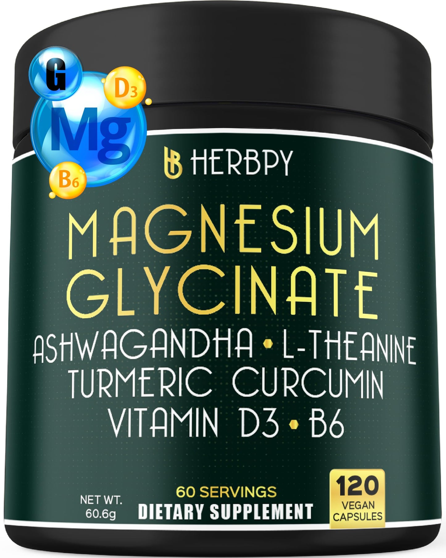 Herbpy 6in1 Restful Day and Night Magnesium Glycinate, Vitamin D3, B6, L-Theanine, Ashwagandha and Turmeric Root Supplement, 120 Vegan Capsules