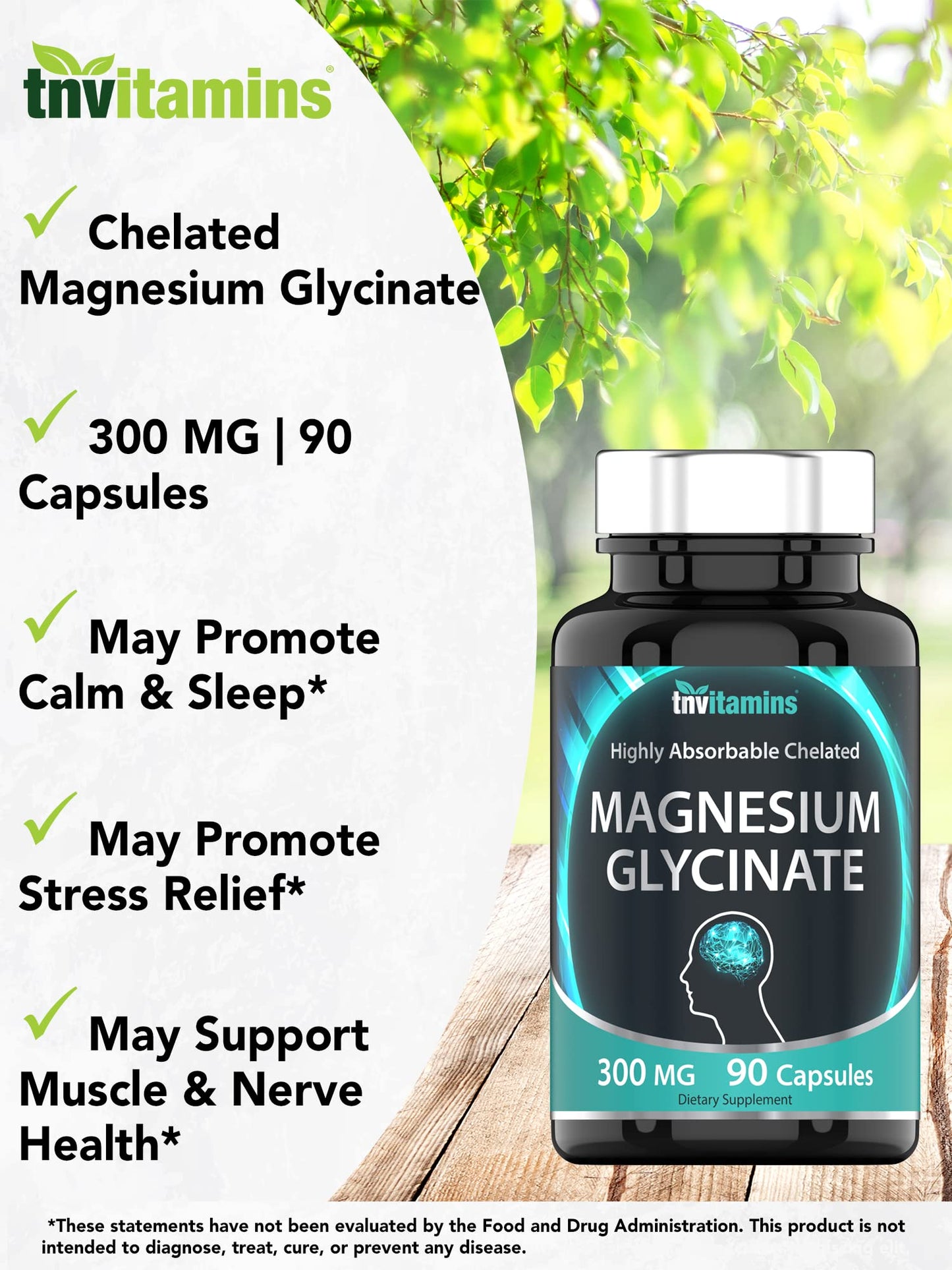 tnvitamins Magnesium Glycinate 300mg Capsules, 90 Count
