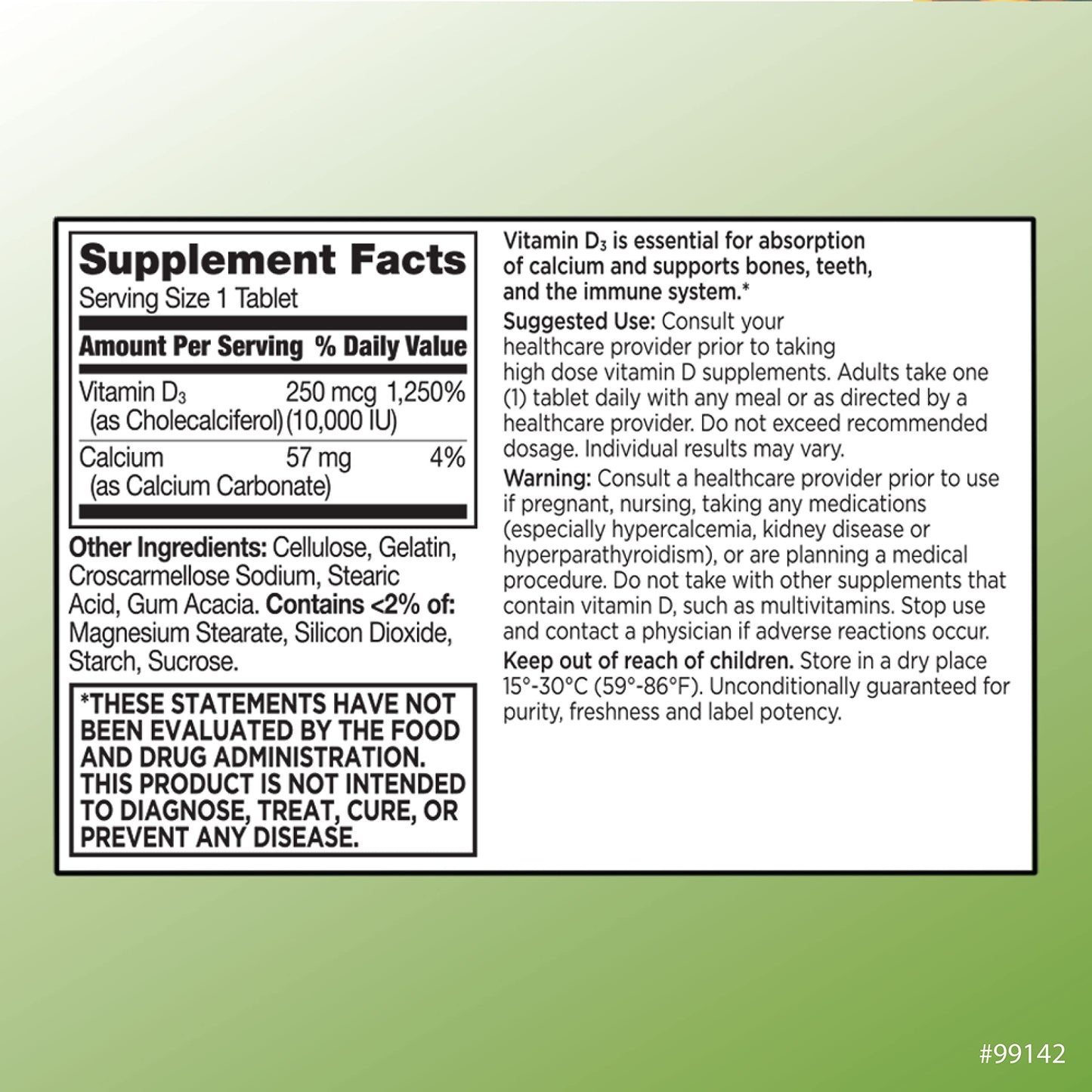 Quality Choice Vitamin D3 (Cholecalciferol) 250 mcg (10,000 IU) Calcium 57mg Bone - Teeth - Immune System Support Vitamin Supplement Tablets, 300