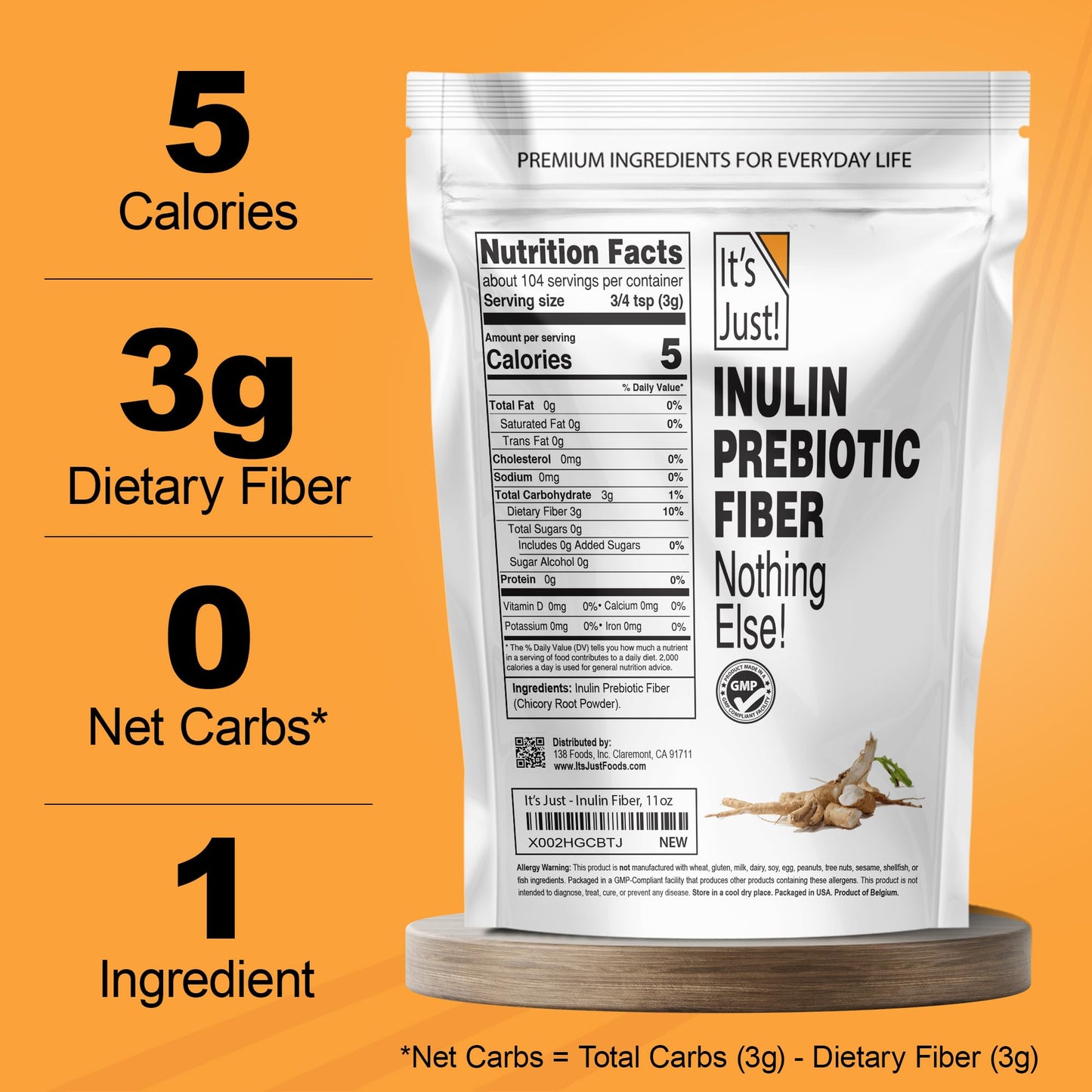 It's Just! Inulin Prebiotic Fiber Powder, Water-Soluble Chicory Root Powder, 11