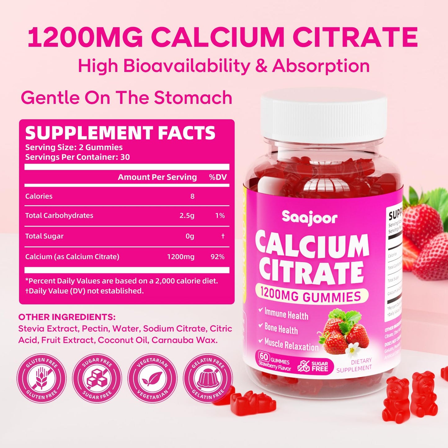 Saajoor Calcium Citrate Gummies 1200 mg Gummy 60 Count