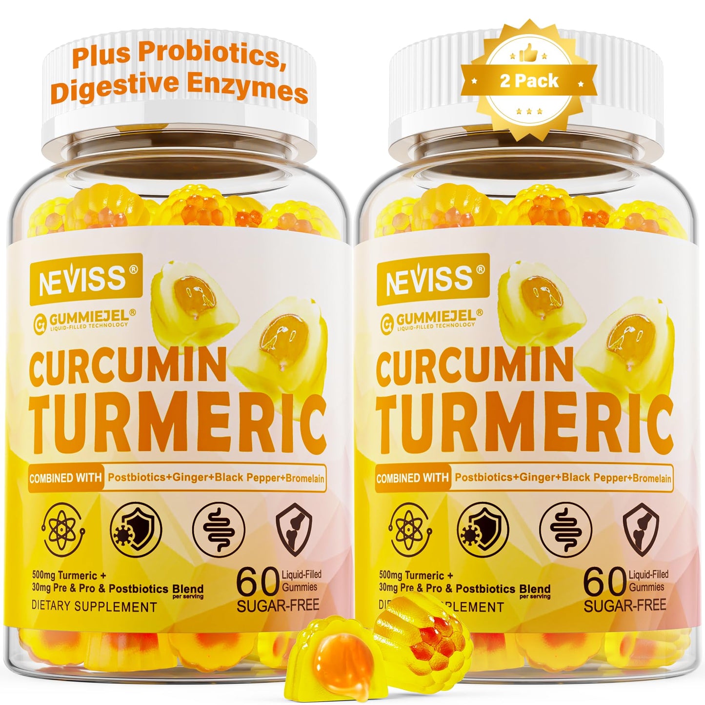 NEVISS Turmeric Curcumin Filled Gummies 550mg with Ginger & Black Pepper, Sugar Free Gummy, 60