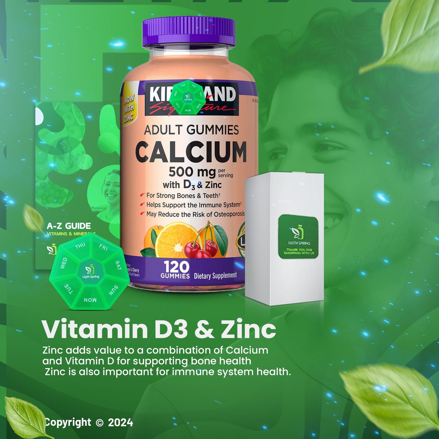 LightSpring Calcium Gummies 500 mg with D3 & Zinc, 120 Gummies